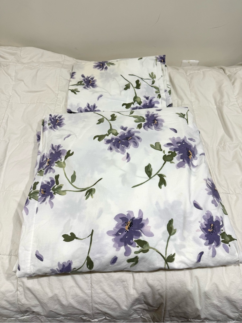 Pottery Barn 💯Cotton White Duvet Cover w/Purple Floral Print 2 Shams Full/Queen